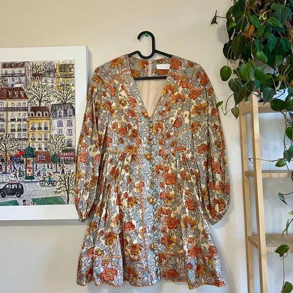 Zimmermann Andie Buttoned Mini Dress in Blue Floral 0P - Picture 9 of 14